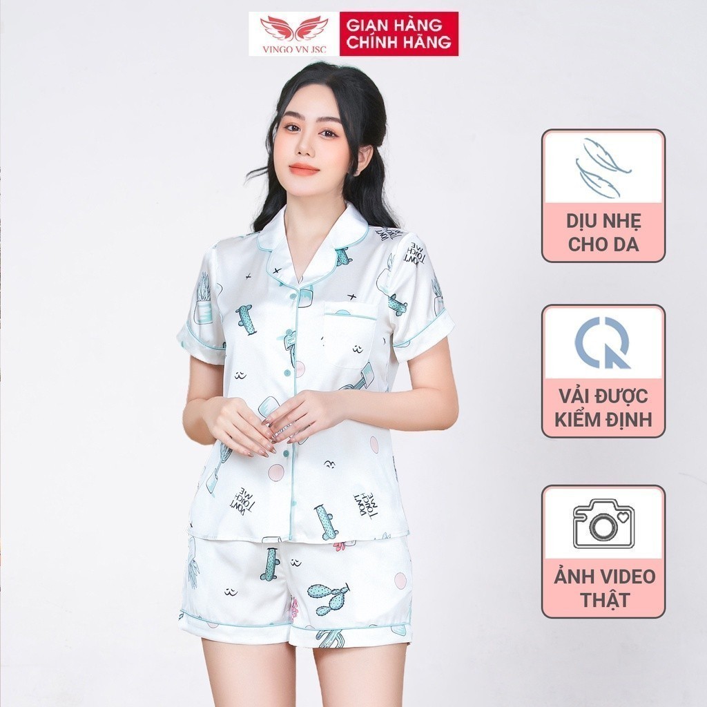 Pijama lụa đồ bộ ngủ mặc nhà cao cấp mùa hè VINGO tay ngắn quần đùi xương rồng 2 màu trắng hồng H723 VNGO