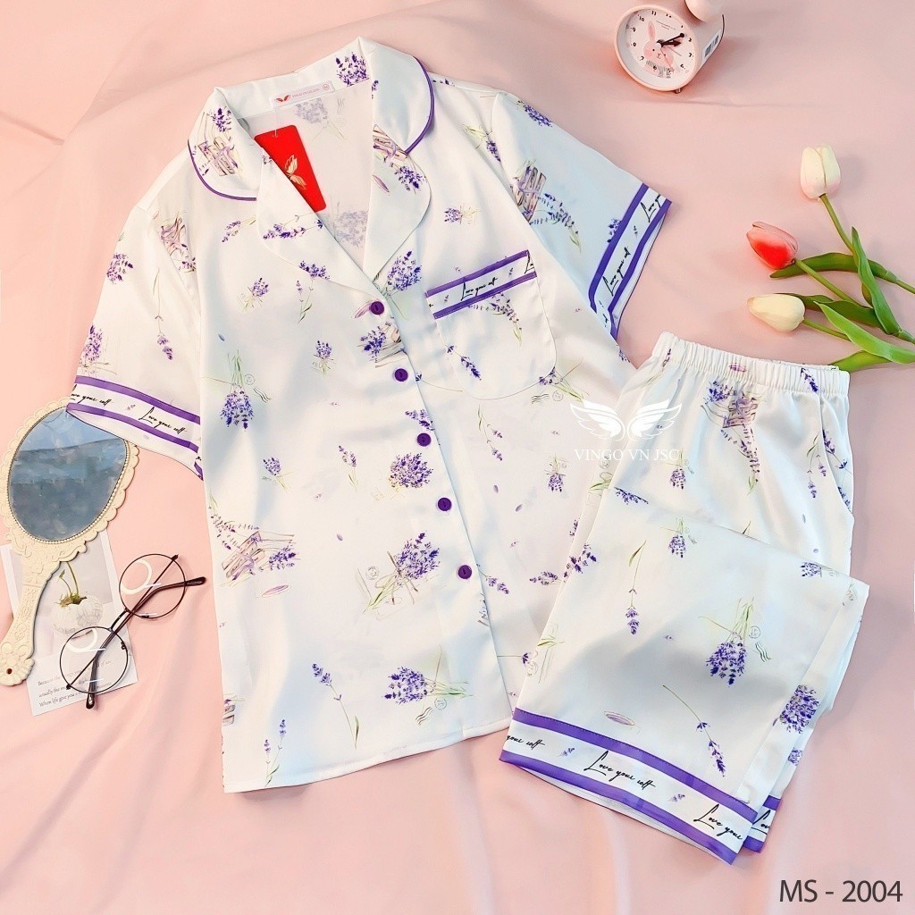 Đồ bộ mặc nhà Pijama lụa cao cấp mùa Hè VINGO tay ngắn quần lửng hoa Lavender  tím thanh lịch H1004 VNGO