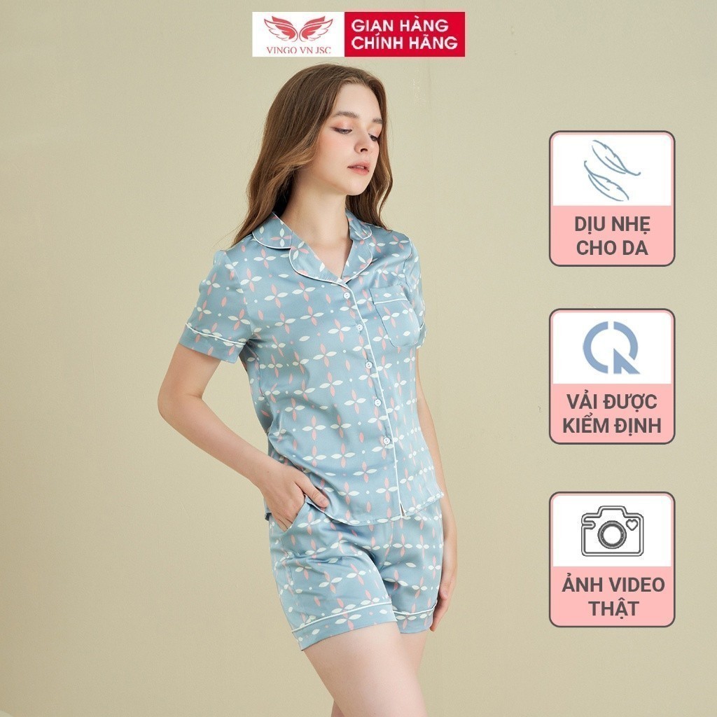 Pijama lụa đồ bộ ngủ mặc nhà cao cấp mùa hè VINGO tay ngắn quần đùi hoa xanh nhạt dễ thương H807 VNGO