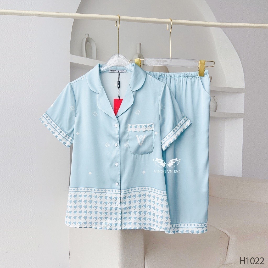 Đồ bộ mặc nhà Pijama lụa cao cấp mùa Hè VINGO tay ngắn quần lửng màu xanh thanh lịch H1021 VNGO