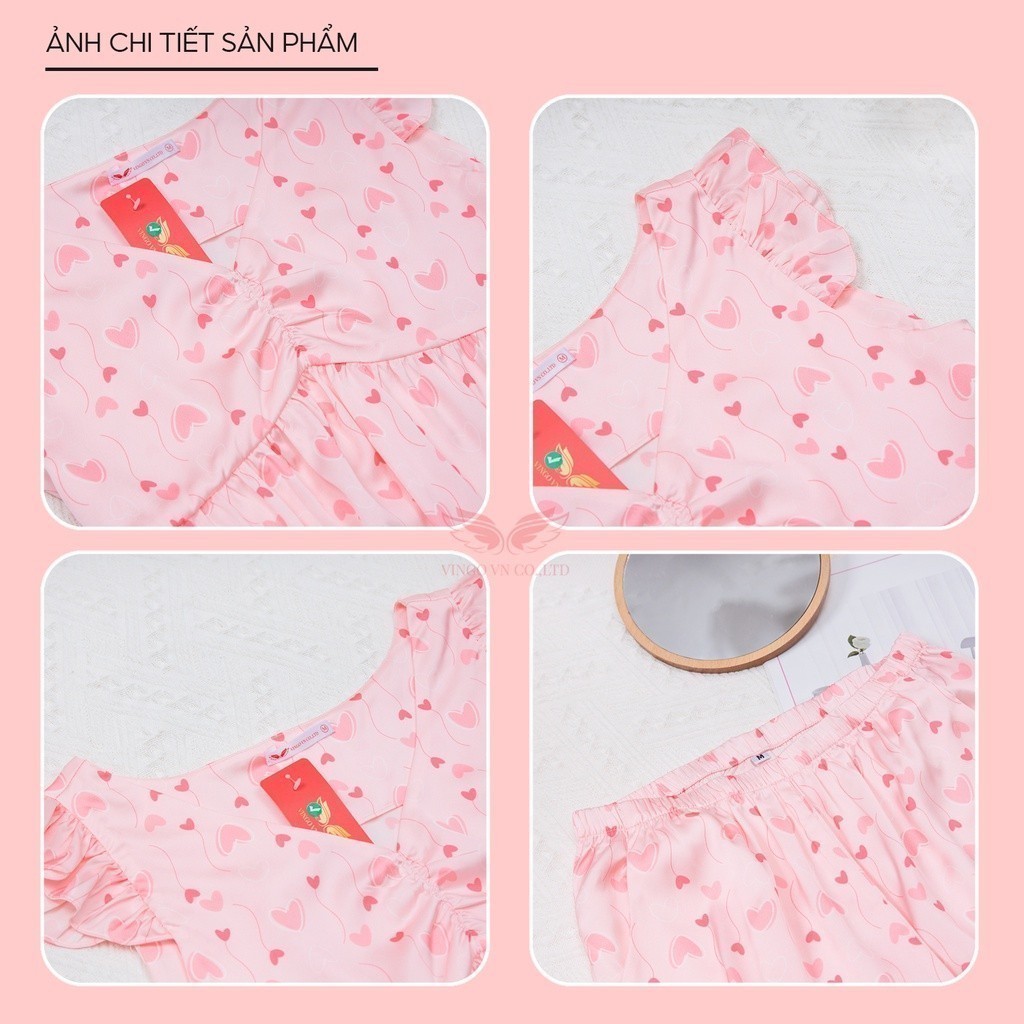 Đồ bộ mặc nhà Pijama lụa mặc nhà cao cấp VINGO tay ngắn quần dài hoạ tiết trái tim hồng H765 VNGO