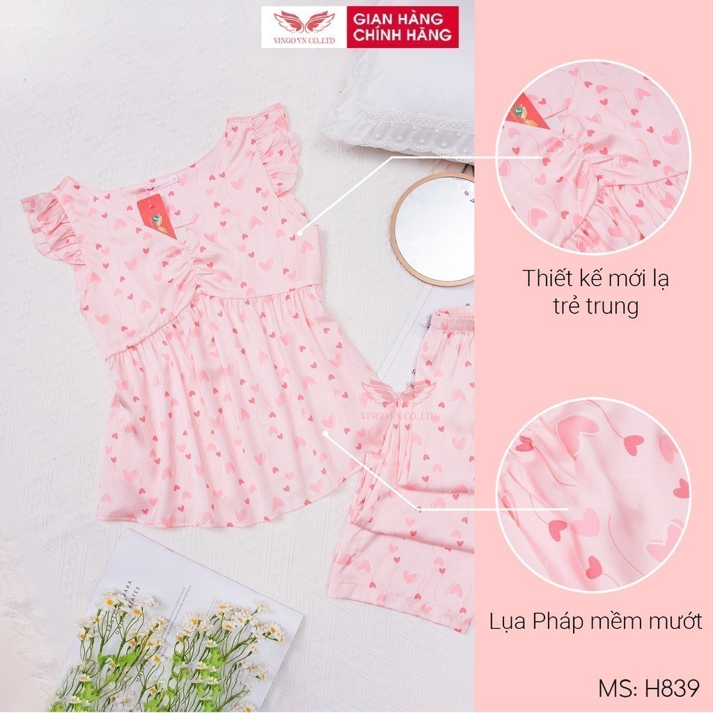 Đồ bộ mặc nhà Pijama lụa mặc nhà cao cấp VINGO tay ngắn quần dài hoạ tiết trái tim hồng H765 VNGO