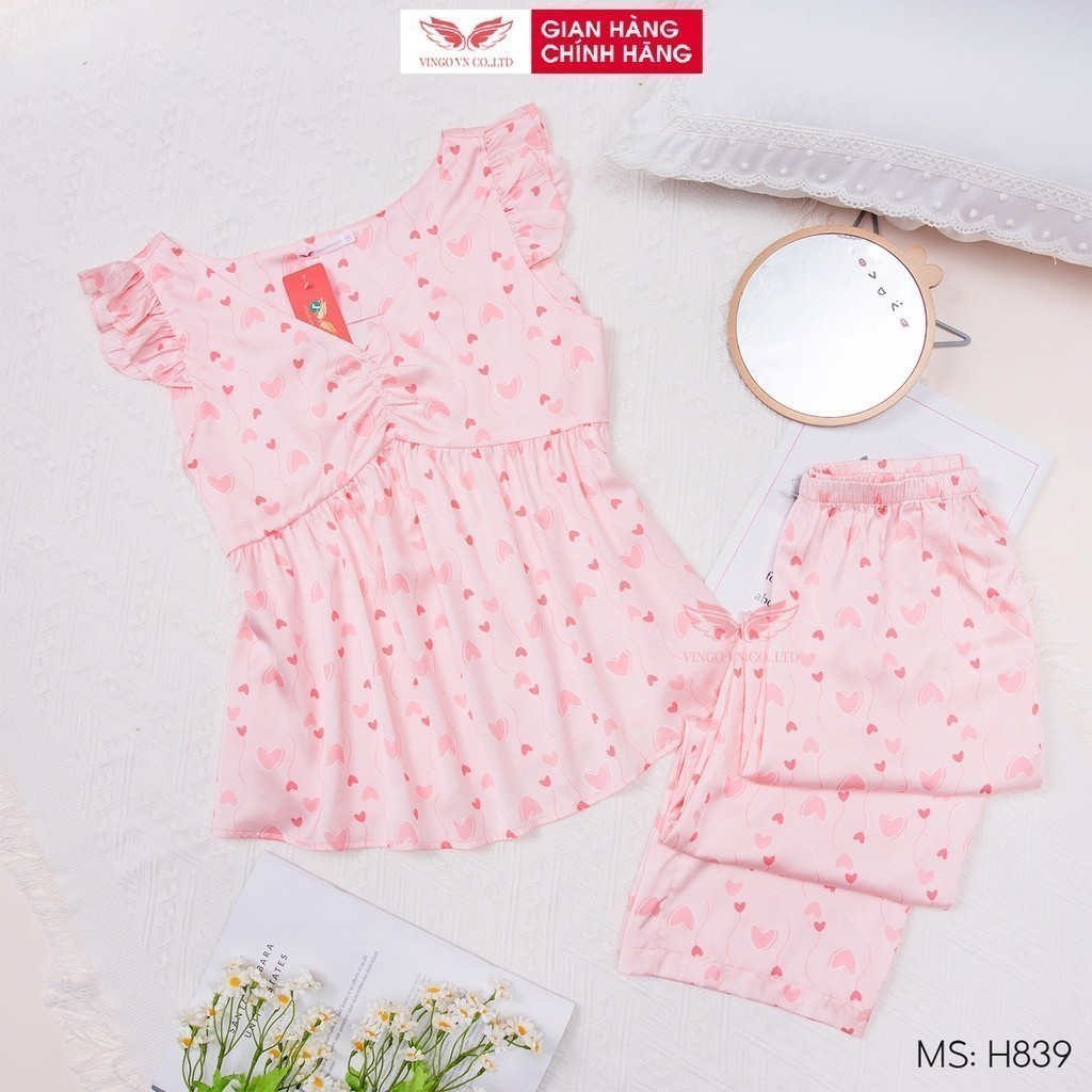 Đồ bộ mặc nhà Pijama lụa mặc nhà cao cấp VINGO tay ngắn quần dài hoạ tiết trái tim hồng H765 VNGO