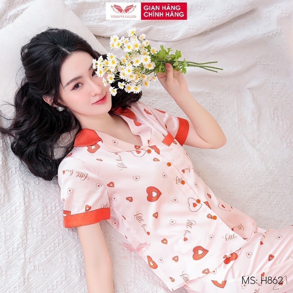 Đồ bộ nữ pijama mặc nhà lụa cao cấp VINGO tay ngắn quần dài màu cam nhạt hoạ tiết trái tim trẻ trung nhã nhặn H862 VNGO