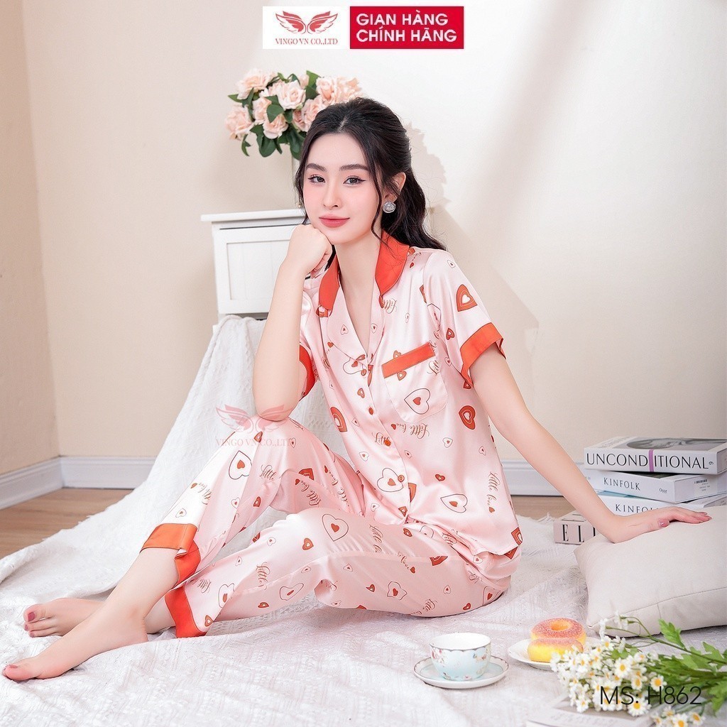 Đồ bộ nữ pijama mặc nhà lụa cao cấp VINGO tay ngắn quần dài màu cam nhạt hoạ tiết trái tim trẻ trung nhã nhặn H862 VNGO