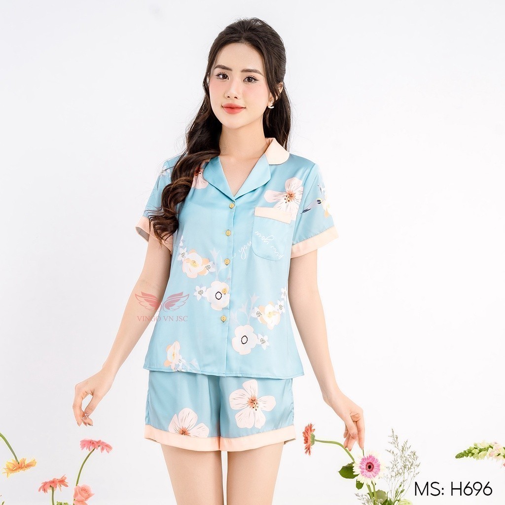 Pijama lụa đồ bộ ngủ mặc nhà cao cấp mùa hè VINGO tay ngắn quần đùi xanh nhạt dễ thương H696 VNGO