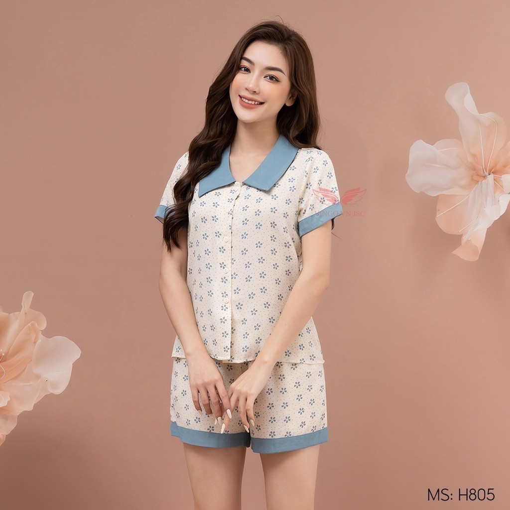 Đồ bộ Pijama nữ mặc nhà mùa Hè VINGO tay ngắn quần đùi chất tơ đũi mềm mát thoáng khí họa tiết hoa tuyết H805 VNGO