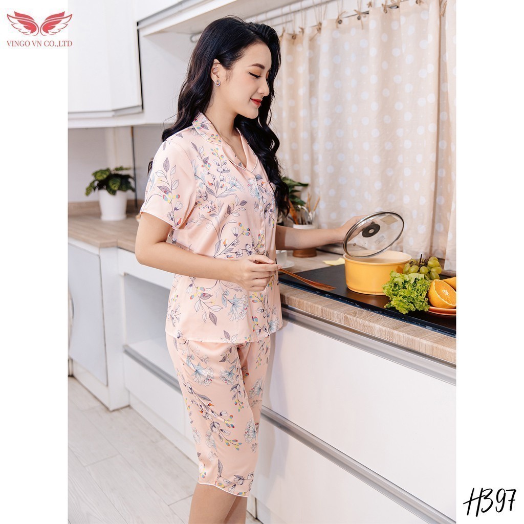 Đồ bộ nữ Pijama mặc nhà Lụa cao cấp mùa hè VINGO tay ngắn quần lửng lá xanh hồng dễ thương H397 VNGO