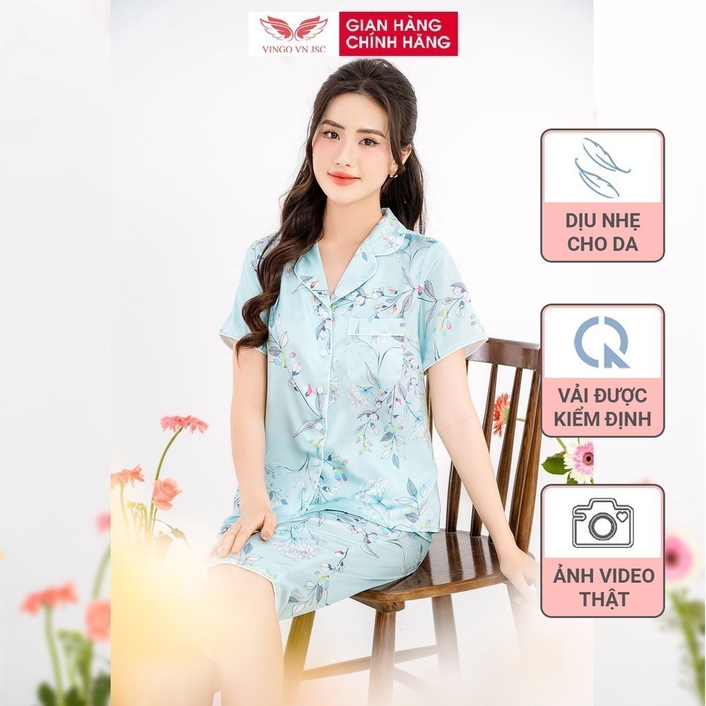 Đồ bộ nữ Pijama mặc nhà Lụa cao cấp mùa hè VINGO tay ngắn quần lửng lá xanh hồng dễ thương H397 VNGO