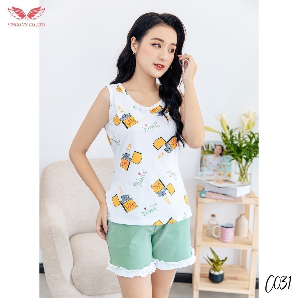 Đồ bộ mặc nhà Pijama cotton cao cấp VINGO áo sát nách quần đùi họa tiết dễ thương C031 VNGO