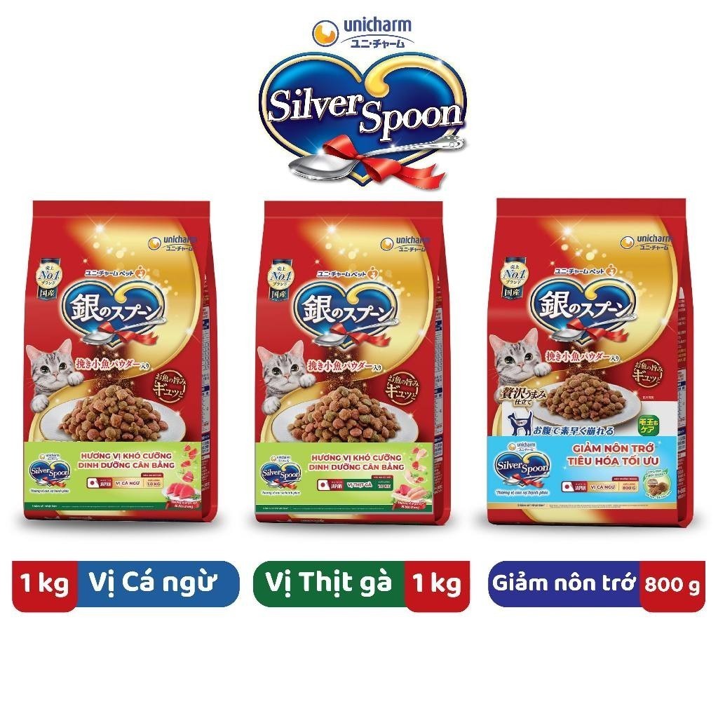 Combo mix 3 vị Thức ăn hạt cho mèo Silver Spoon - Vị Cá ngừ 1kg - Vị gà - Giảm nôn trớ