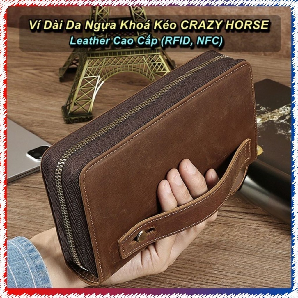 Ví Dài Da Ngựa Khoá Kéo CRAZY HORSE Leather Cao Cấp (RFID, NFC) 💯Store VN💯