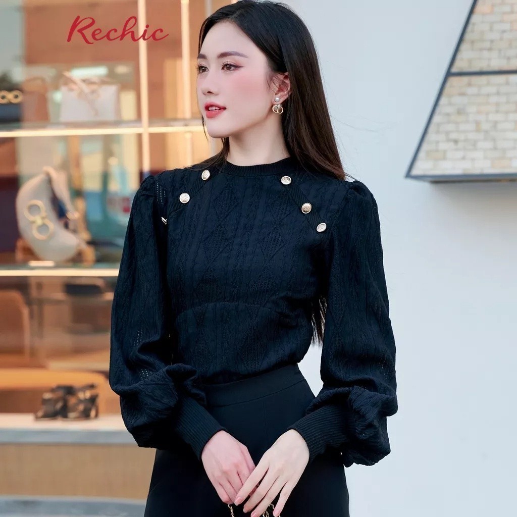 RECHIC Áo Kiểu Jill dài tay cổ tròn có bo chun slimfit dịu dàng thanh lịch