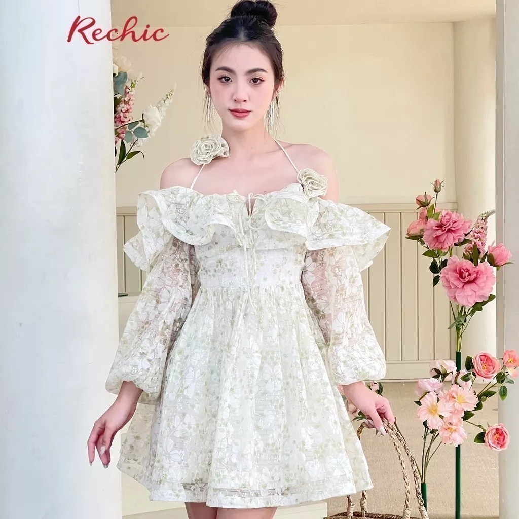 RECHIC Đầm Ngắn Nerry trễ vai tay dài vải tơ hoa nhẹ nhàng nữ tính