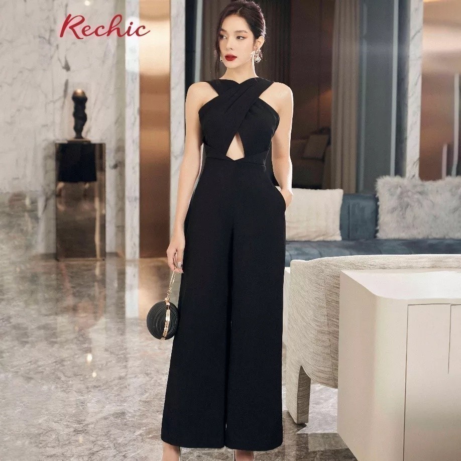 RECHIC Jumpsuit dài Ahn kiểu bắt chéo thân trên thời thượng phù hợp đi dự tiệc