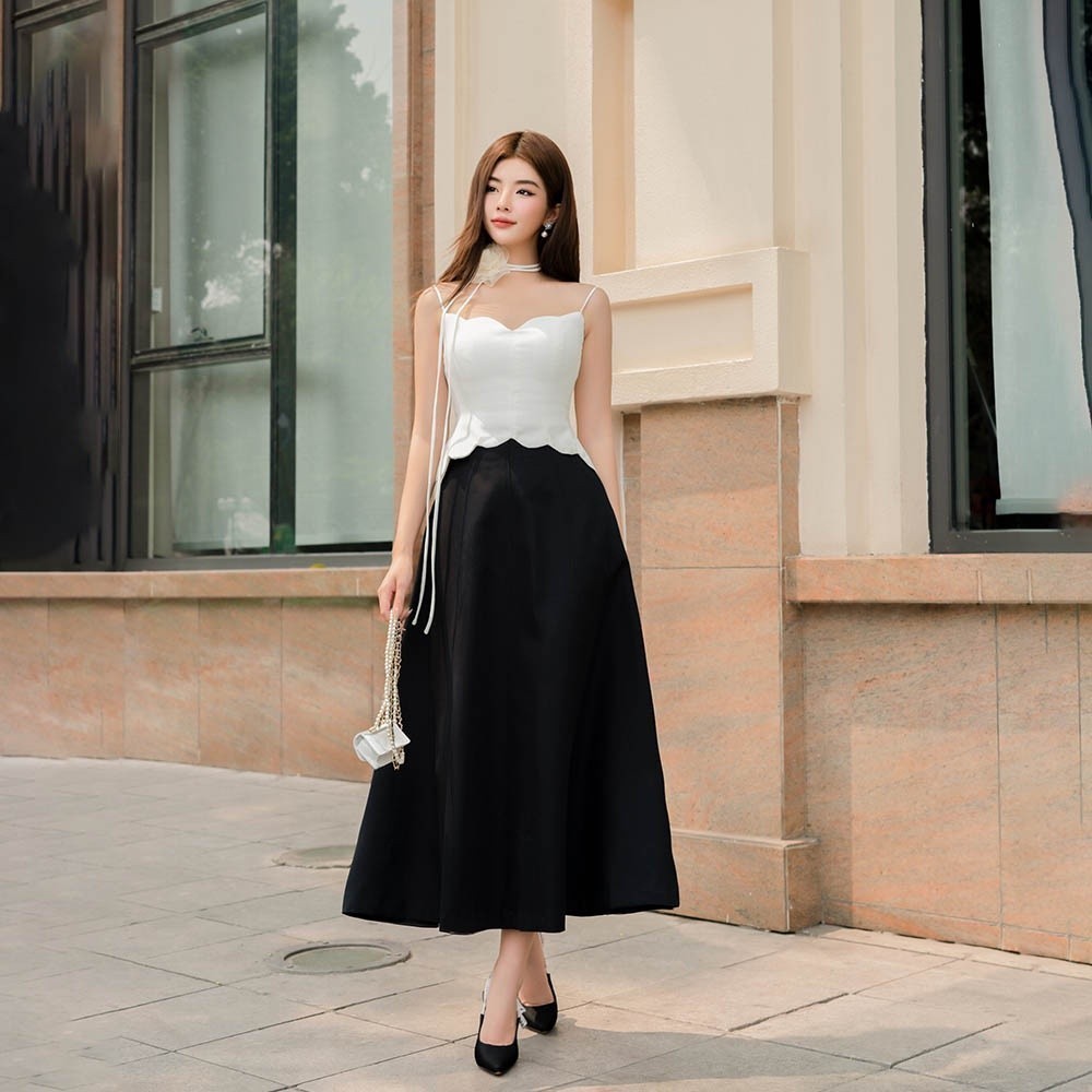 RECHIC Áo kiểu Sun kiểu hai dây dáng peplum chiết eo nhẹ nhàng thời trang