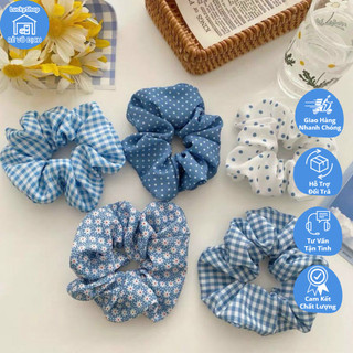 Dây buộc tóc scrunchies xanh dương, chấm bi, caro, hoa xinh