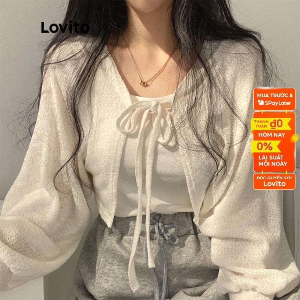 Áo cardigan Lovito tay dài cột dây màu trơn thường ngày cho nữ áo kiểu cardigan croptop LNA06032 (Màu trắng/ đen)