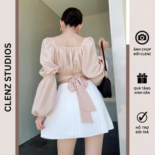 [ Clenz - Váy thiết kế cao cấp ] Áo croptop tay dài cột dây + Chân váy xếp ly