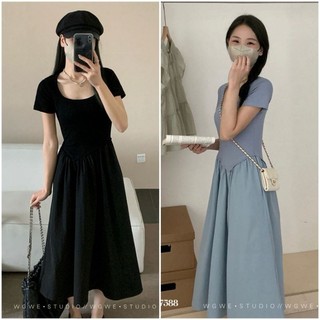 [V7588] VÁY MAXI BODY PHỐI CHÂN XÒE TAY CỘC WG.WE metwo.dearu - Váy thun body xòe QC trơn basic dày dặn ulzzang Hàn Quốc