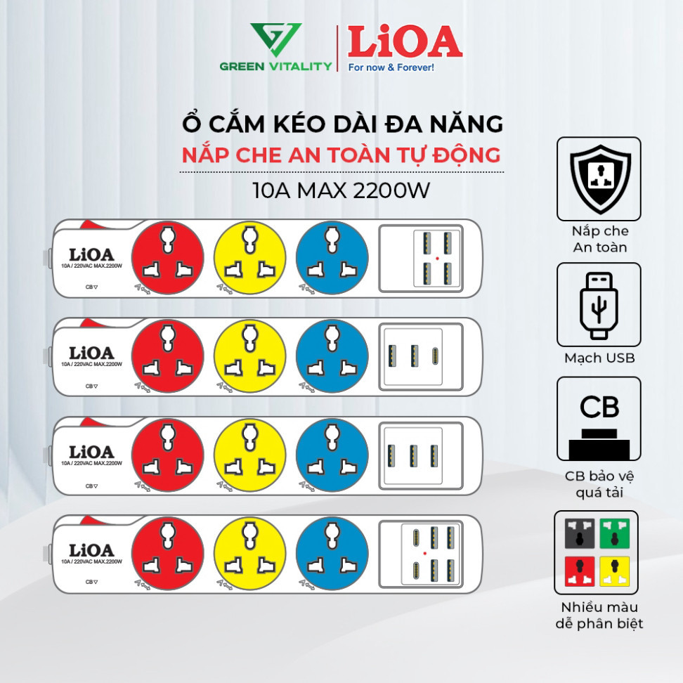 Ổ cắm điện đa năng LIOA kèm cổng sạc USB/Type C thông minh công suất tối đa 10A 220VAC MAX 2200W - Hàng mới về