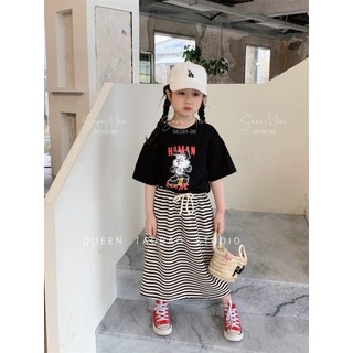 Set Sara Min áo cotton đen HuMan - chân váy dài kẻ ngang size 2-12y