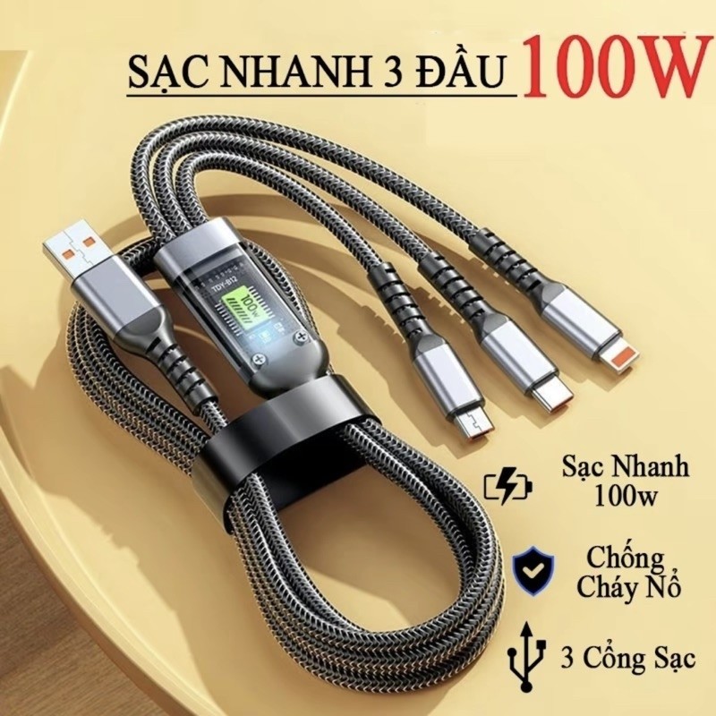 Dây Cáp Sạc Nhanh 3 Đầu 100W Dài 1m2 Hỗ Trợ Sạc Nhanh 3 Trong 1 Chống Đứt, Chống Rối