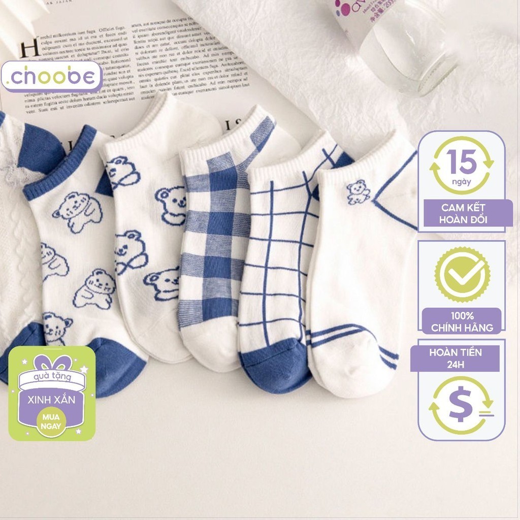 Tất nữ Choobe cổ ngắn cotton co giãn tốt chống hôi chân họa tiết hình gấu dễ thương set 5 đôi màu xanh PK21