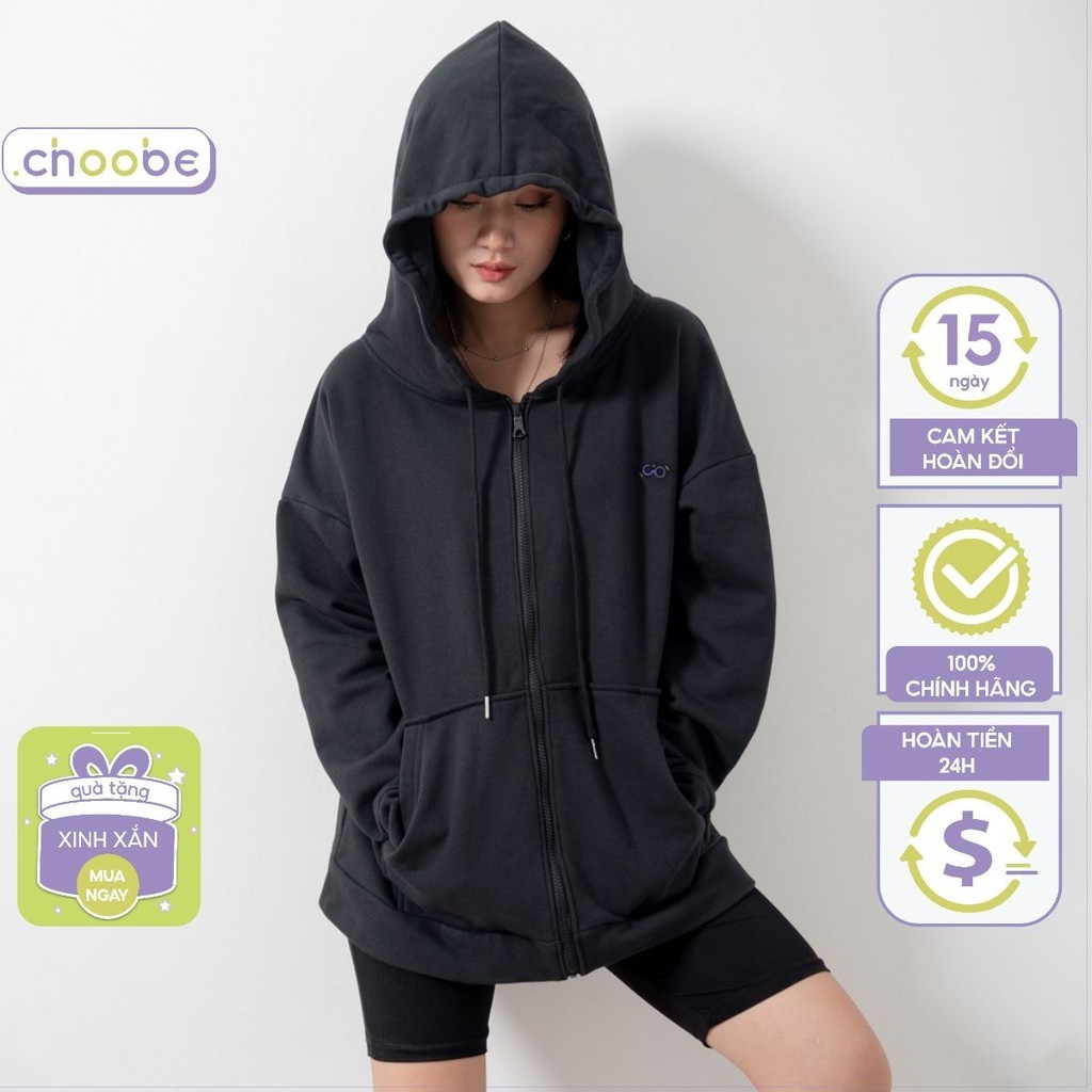 Áo khoác hoodie kéo khóa Choobe trơn unisex ulzzang có mũ form dáng rộng nỉ bông dày dặn thêu chữ A69