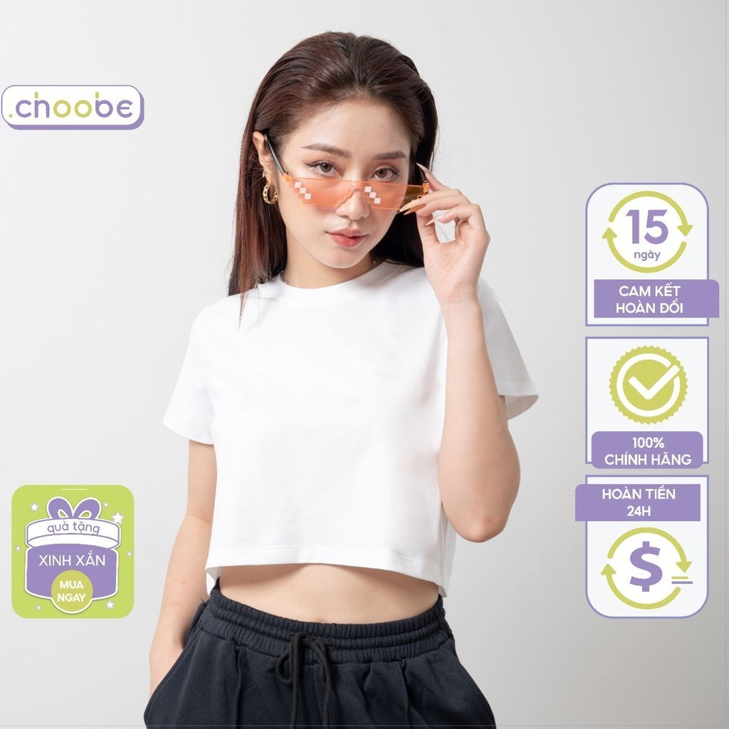 Áo croptop nữ Choobe cổ tròn kiểu trơn vải cotton co giãn thoáng mát freesize ngắn tay thun đẹp A09