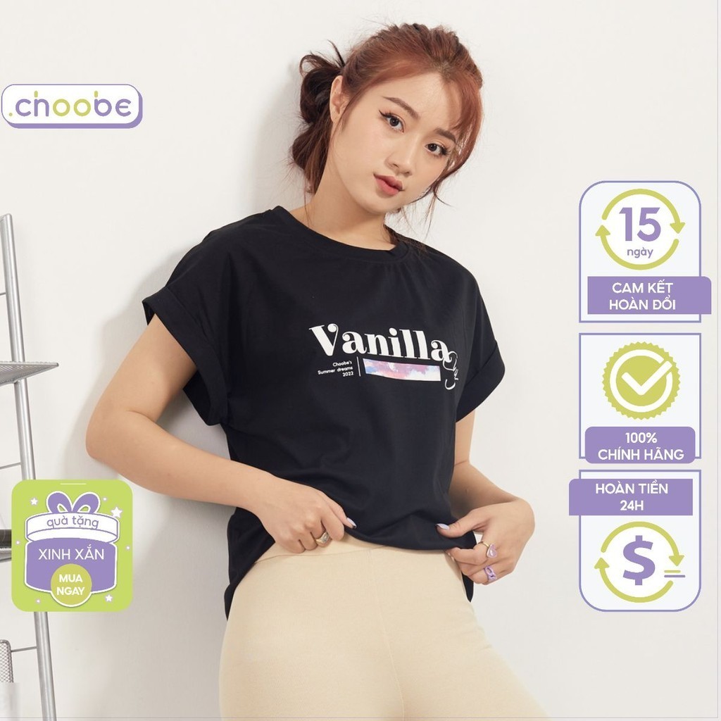 Áo phông nữ Choobe cổ tròn tay gập vải cotton thoáng mát freesize vai đổ đẹp in chữ Vanilla A48