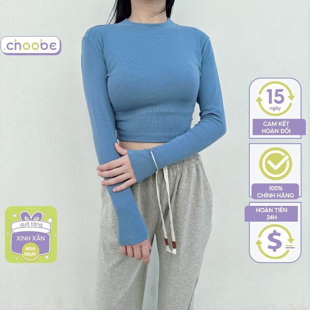 Áo croptop dài tay nữ Choobe cổ cao giữ nhiệt ấm kiểu ôm body vải cotton co giãn tốt A76