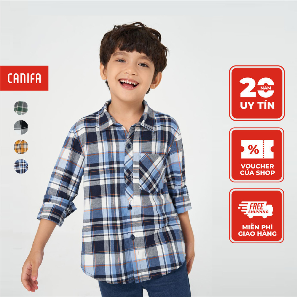 Áo sơ mi bé trai CANIFA hoạ tiết kẻ 100% cotton, cổ đức tay dài 2TH22W006