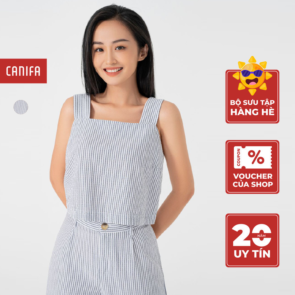 Áo hai dây nữ CANIFA bản to, cổ vuông, họa tiết kẻ sọc, chất liệu cotton pha rayon mềm mại 6TO22S008