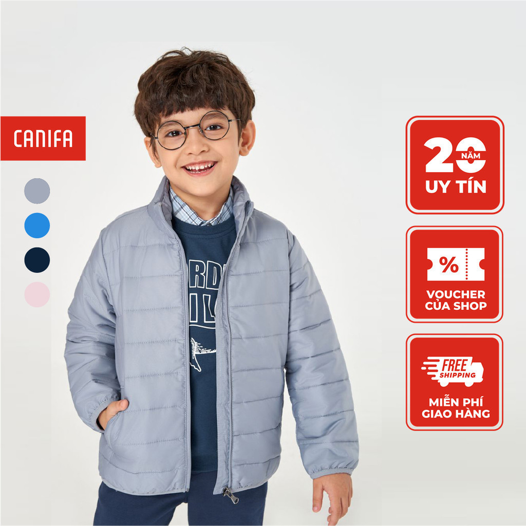 Áo khoác chần bông unisex trẻ em CANIFA 100% polyester, cổ cao kéo khoá 3OT22W002