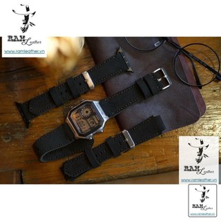 Dây đồng hồ da bò thật casio ae1200/seiko5 ram 1966 da lộn đen-chính hãng ram leather ,