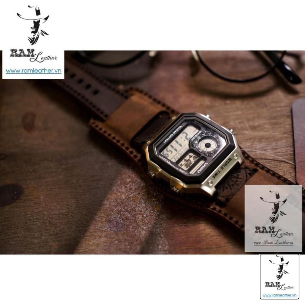 (DA BÒ CAO CẤP) DÂY ĐỒNG HỒ TRỐNG ĐỒNG CASIO AE1200 DA BÒ THẬT BUNDSTRAP B2+DARK BROWN ,