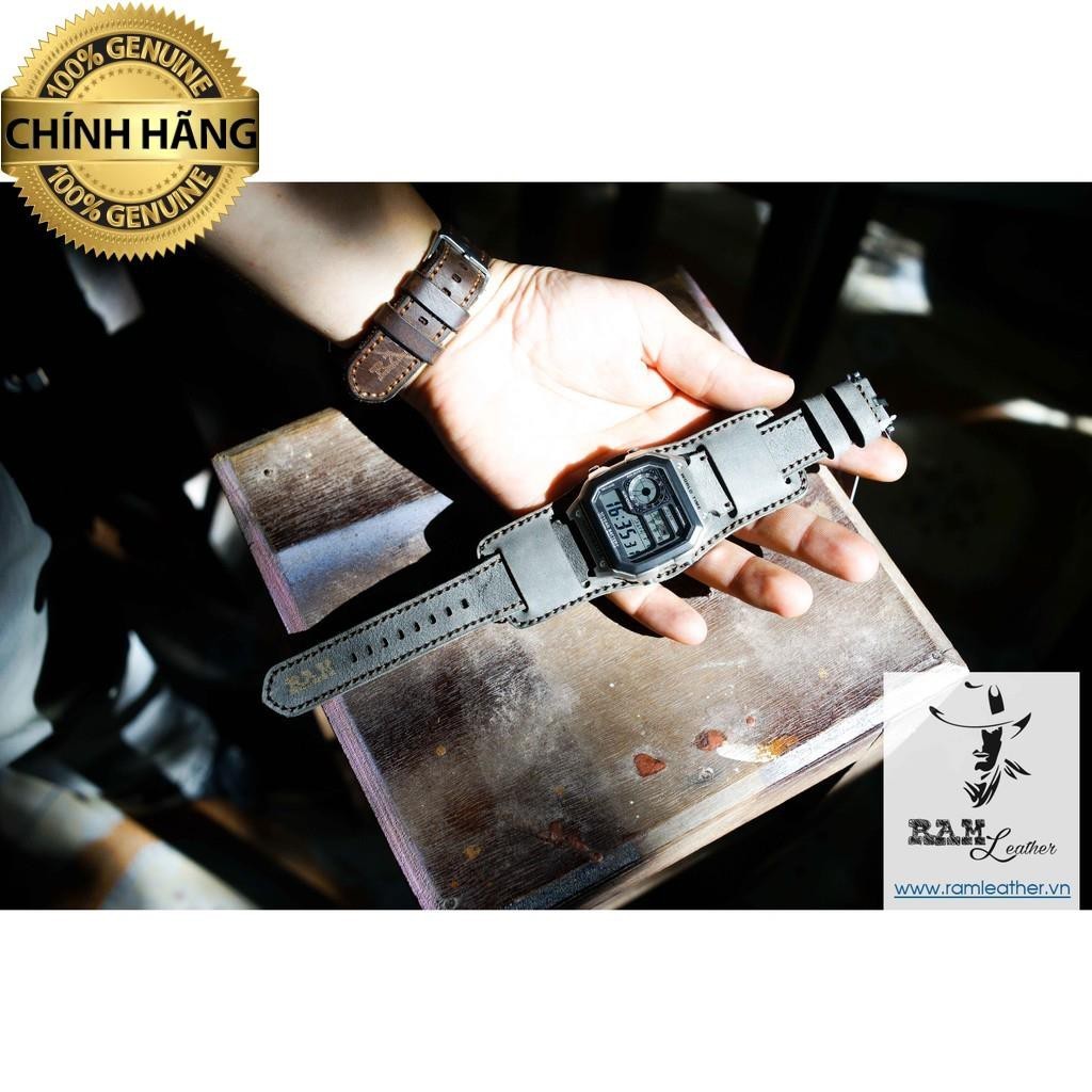 (TẶNG FULL PHỤ KIỆN) COMBO DÂY ĐỒNG HỒ DA BÒ XÁM + RAM BUNDSTRAP B2 CHO CASIO AE1200 .