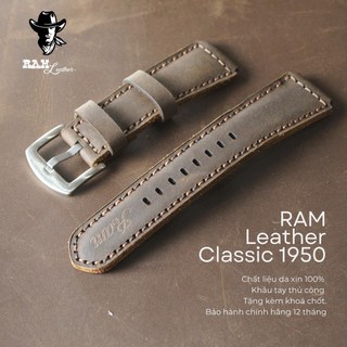 Dây đồng hồ casio da bò thật ram leather classic 1950 da sáp ngựa điên nâu đất