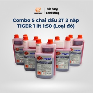 Combo 5 Chai Dầu Nhớt 2 Kỳ Tiger dùng cho máy cưa xích, máy cắt cỏ (1L), Có Bình Đong Phụ - Hàng Chính Hãng