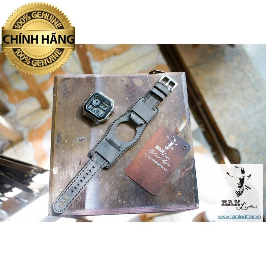 (CHẤT)  (TẶNG FULL PHỤ KIỆN) COMBO DÂY ĐỒNG HỒ DA BÒ XÁM + RAM BUNDSTRAP B2 CHO CASIO AE1200 +