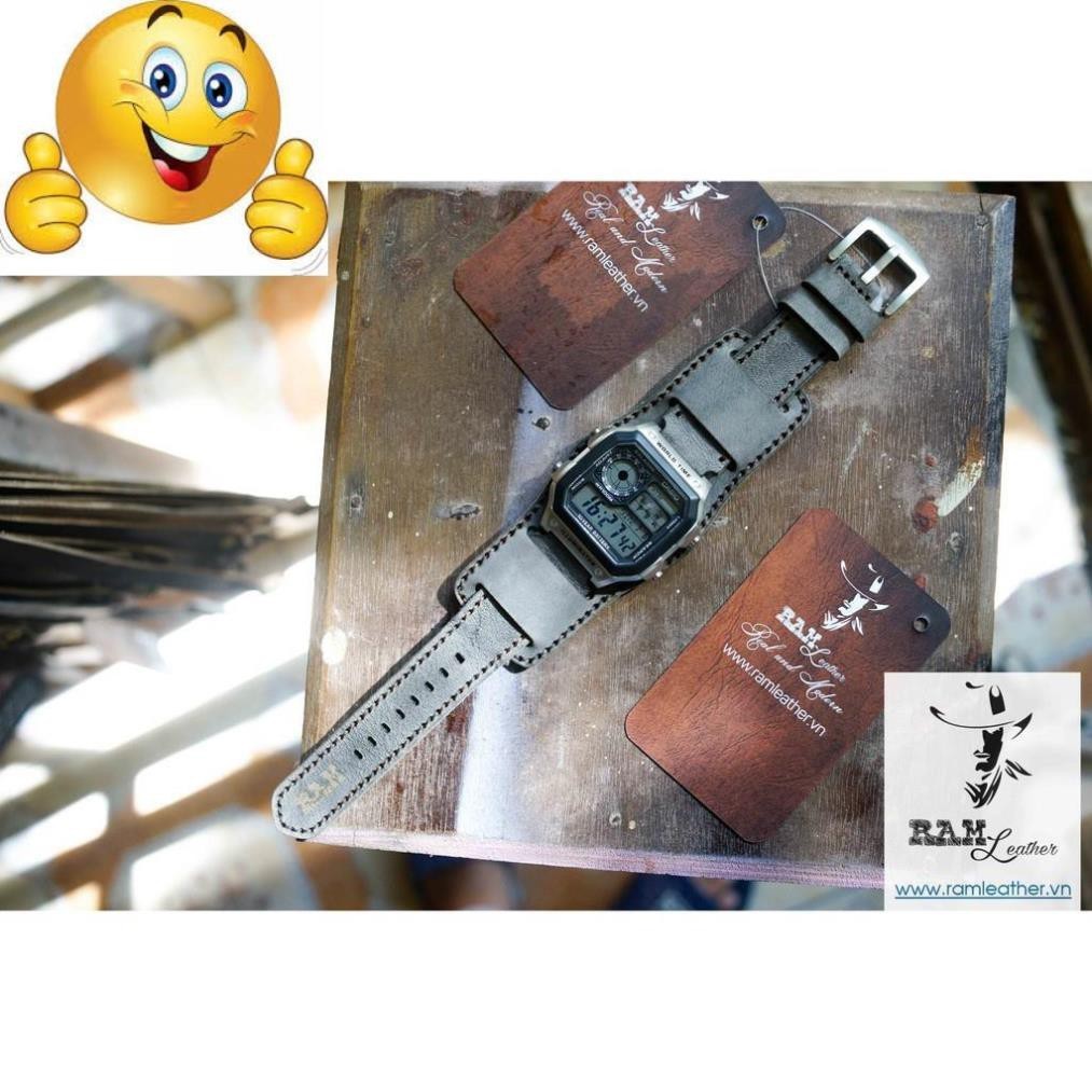 (TẶNG FULL PHỤ KIỆN) COMBO DÂY ĐỒNG HỒ DA BÒ XÁM + RAM BUNDSTRAP B2 CHO CASIO AE1200 .