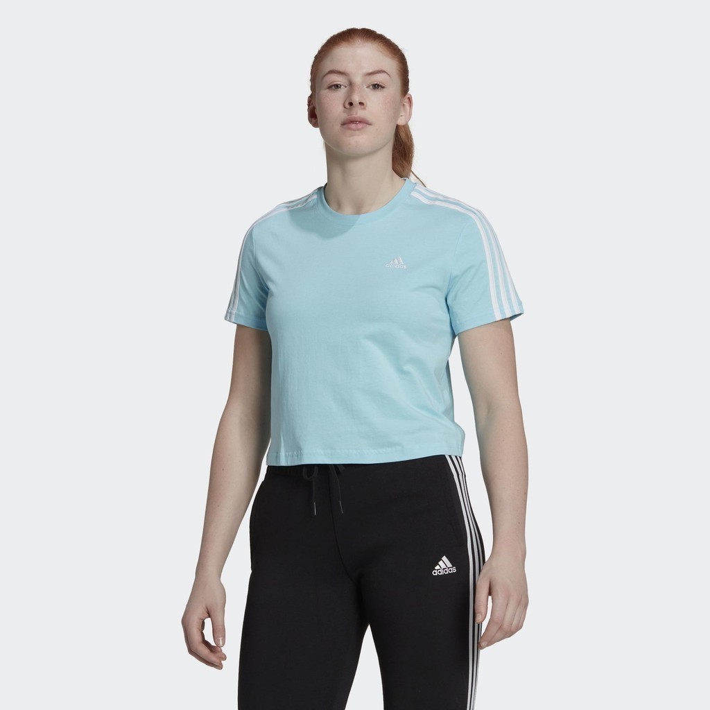 adidas Phong cách sống Áo thun suông dáng lửng 3 Sọc Essentials Nữ Màu xanh da trời HL2035