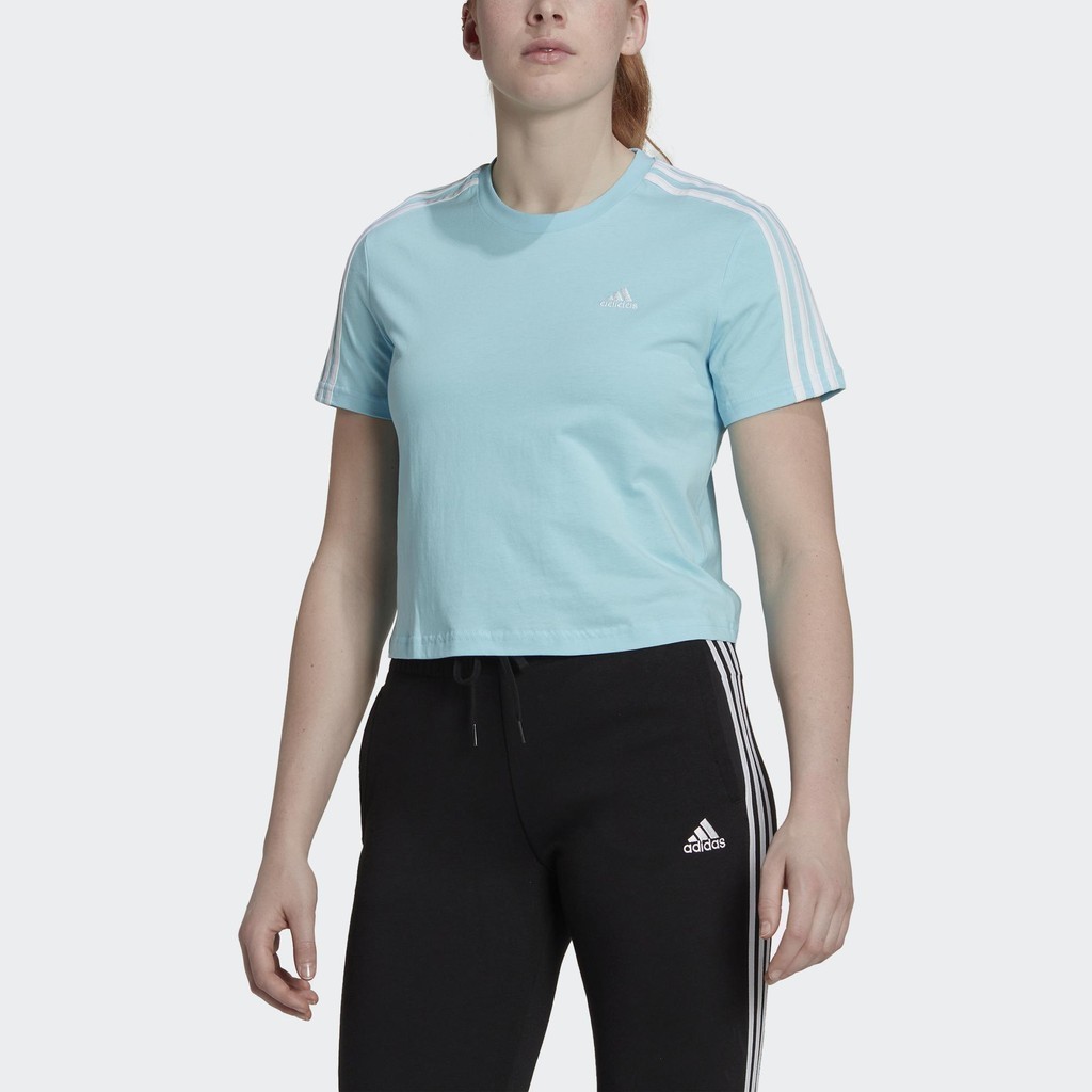 adidas Phong cách sống Áo thun suông dáng lửng 3 Sọc Essentials Nữ Màu xanh da trời HL2035