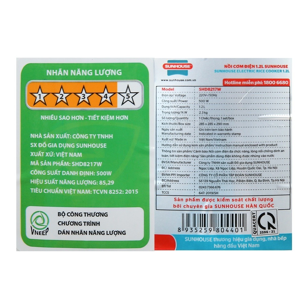 Nồi cơm nắp gài Sunhouse 1.2 lít SHD8217W - Hàng chính hãng