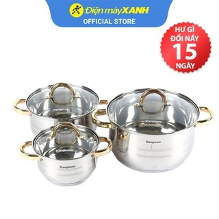 Bộ 3 nồi inox 5 đáy nắp kính kangaroo kg866