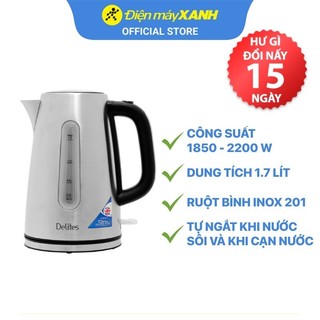 Bình đun siêu tốc inox delites k014qn 1.7 lít - chính hãng bh 12 tháng