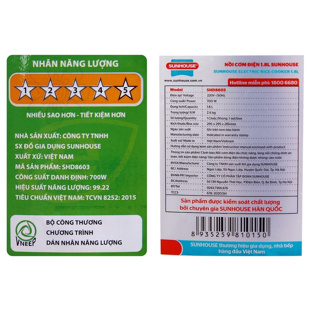 Nồi cơm nắp gài Sunhouse 1.8 lít SHD8603