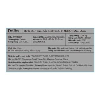 Bình siêu tốc Delites 1.7 lít ST17DB01 Màu Đen