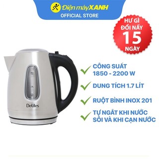Bình đun siêu tốc inox Delites HHB1732 1.7 lít - Chính hãng BH 12 tháng